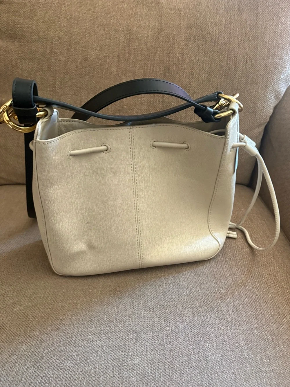 SEE By Chloe Leather Bucket Crossbody Bag in Cream with Gold Hardware $100